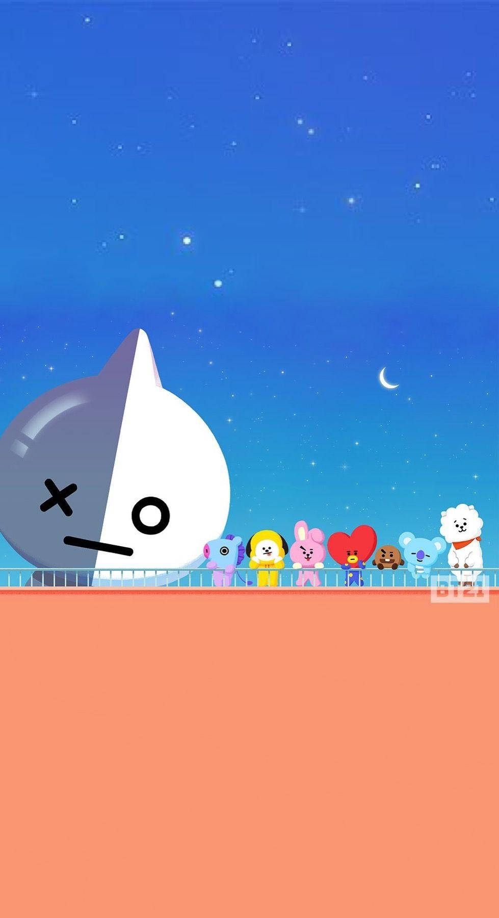 BTS BT21, half-black half-white cat face, colorful BT21 characters, HD Phone Wallpaper