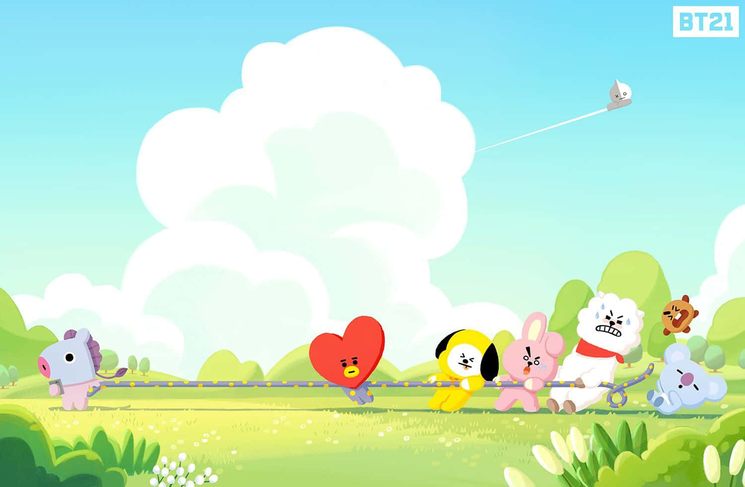 BT21, cartoon characters, heart-shaped kite, HD Desktop Wallpaper