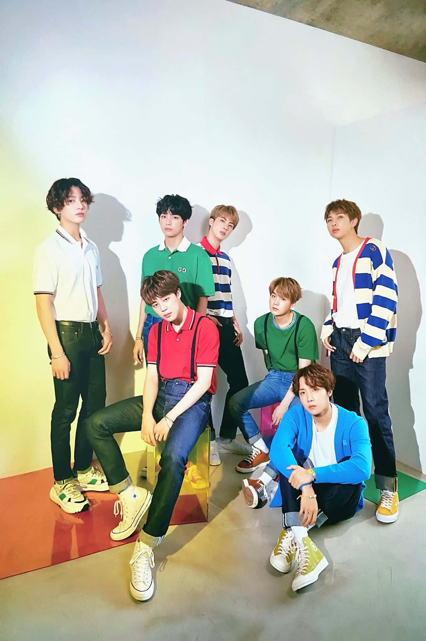 BTS, casual outfits, plain white wall, Full HD Phone Wallpaper
