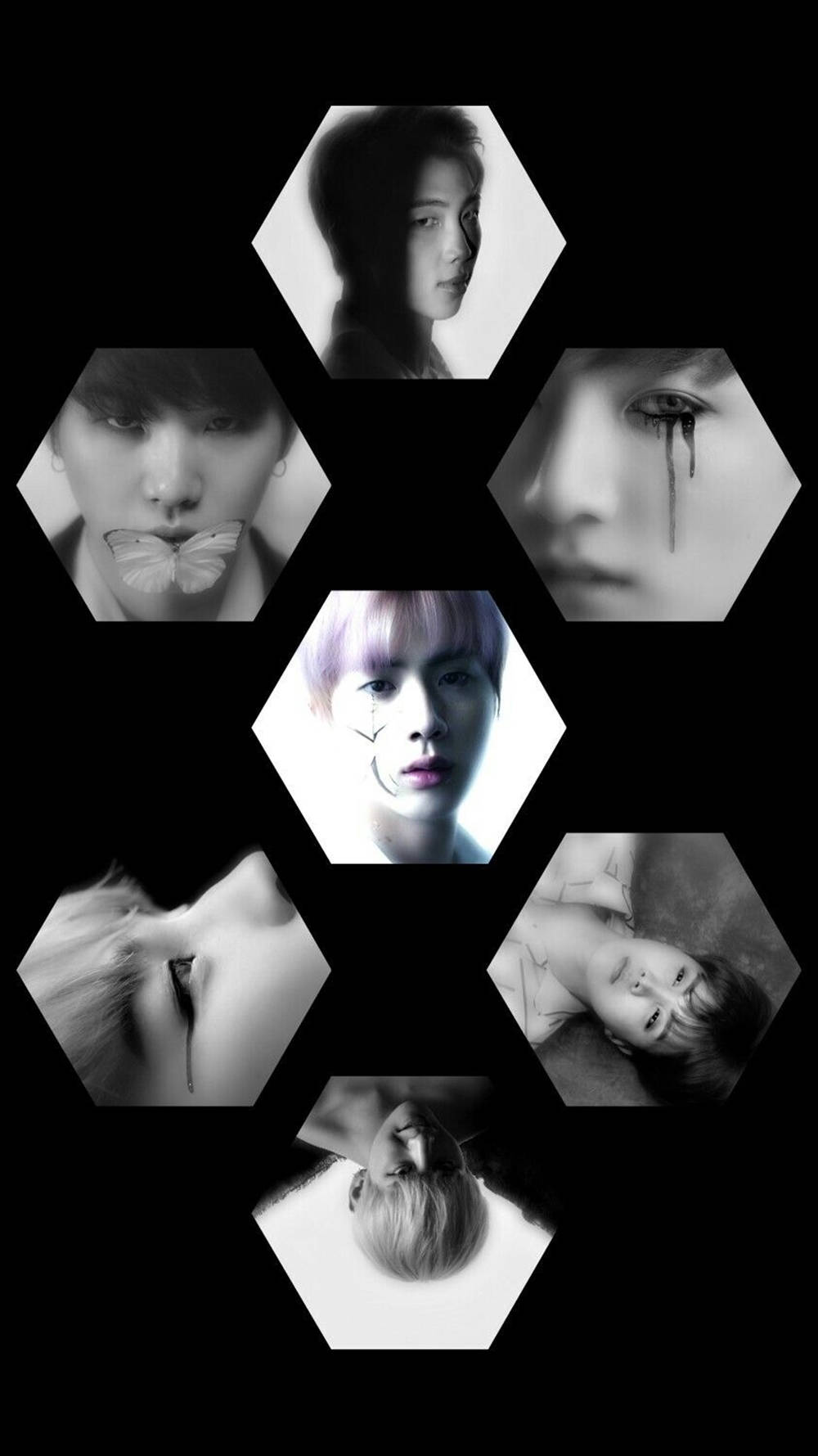 Bts, hexagonal, black and white portraits, HD Phone Wallpaper