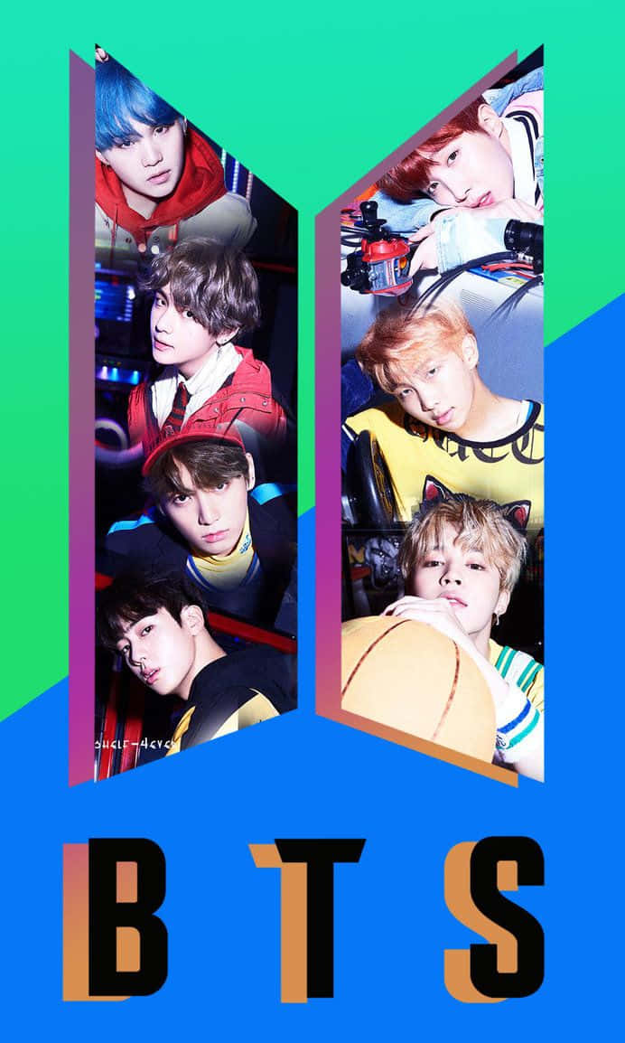 BTS, teal and blue background, vibrant geometric panels, SD Phone Wallpaper