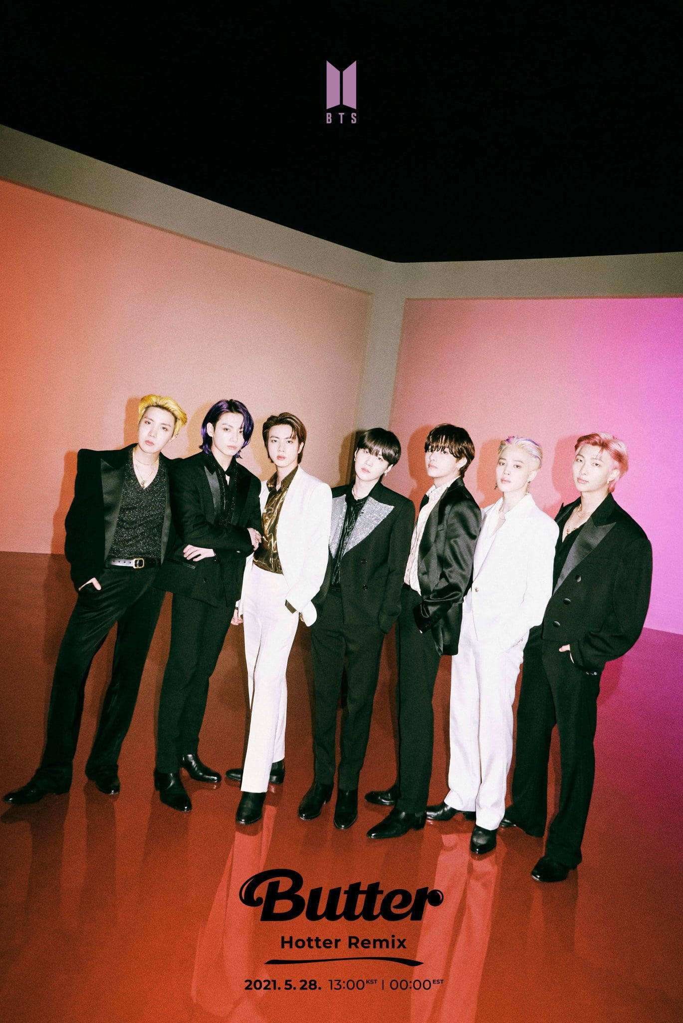 BTS Butter, black and white suits, gradient pink and orange studio wall, Full HD Phone Wallpaper