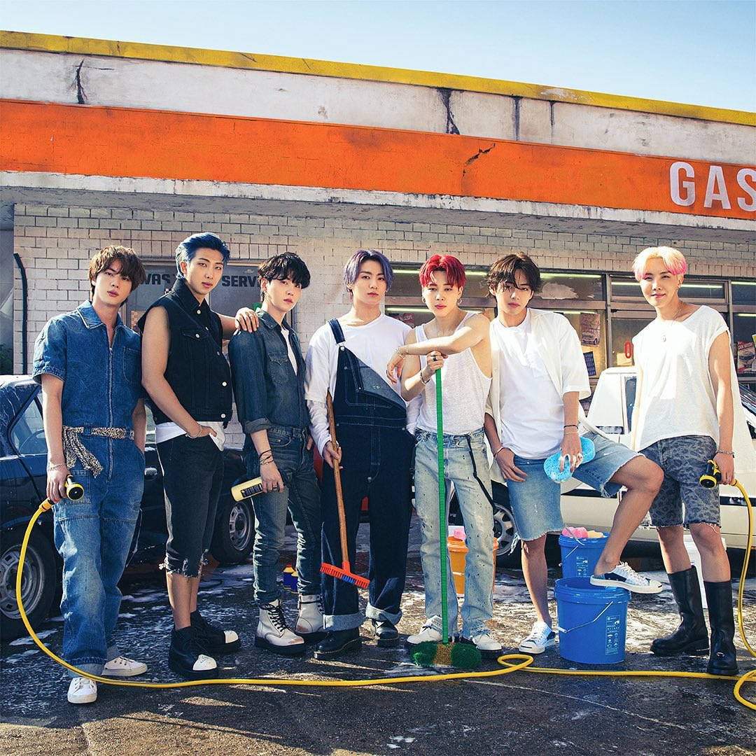 BTS Butter, vintage gas station, bright orange signage, SD Desktop Wallpaper