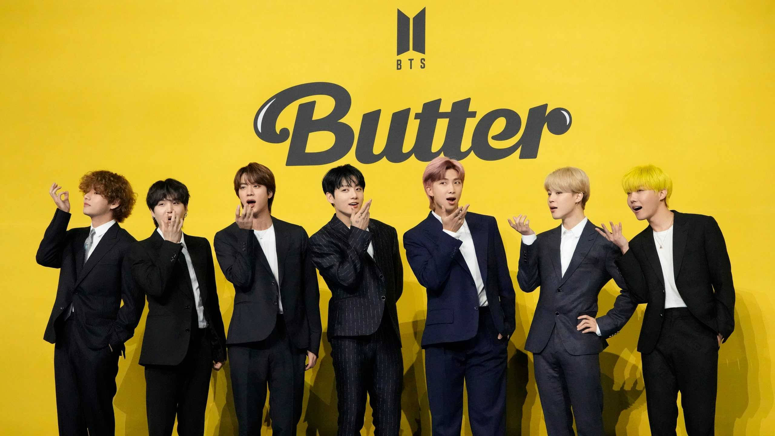 BTS Butter, black suits, bright yellow wall, 2K Desktop Wallpaper