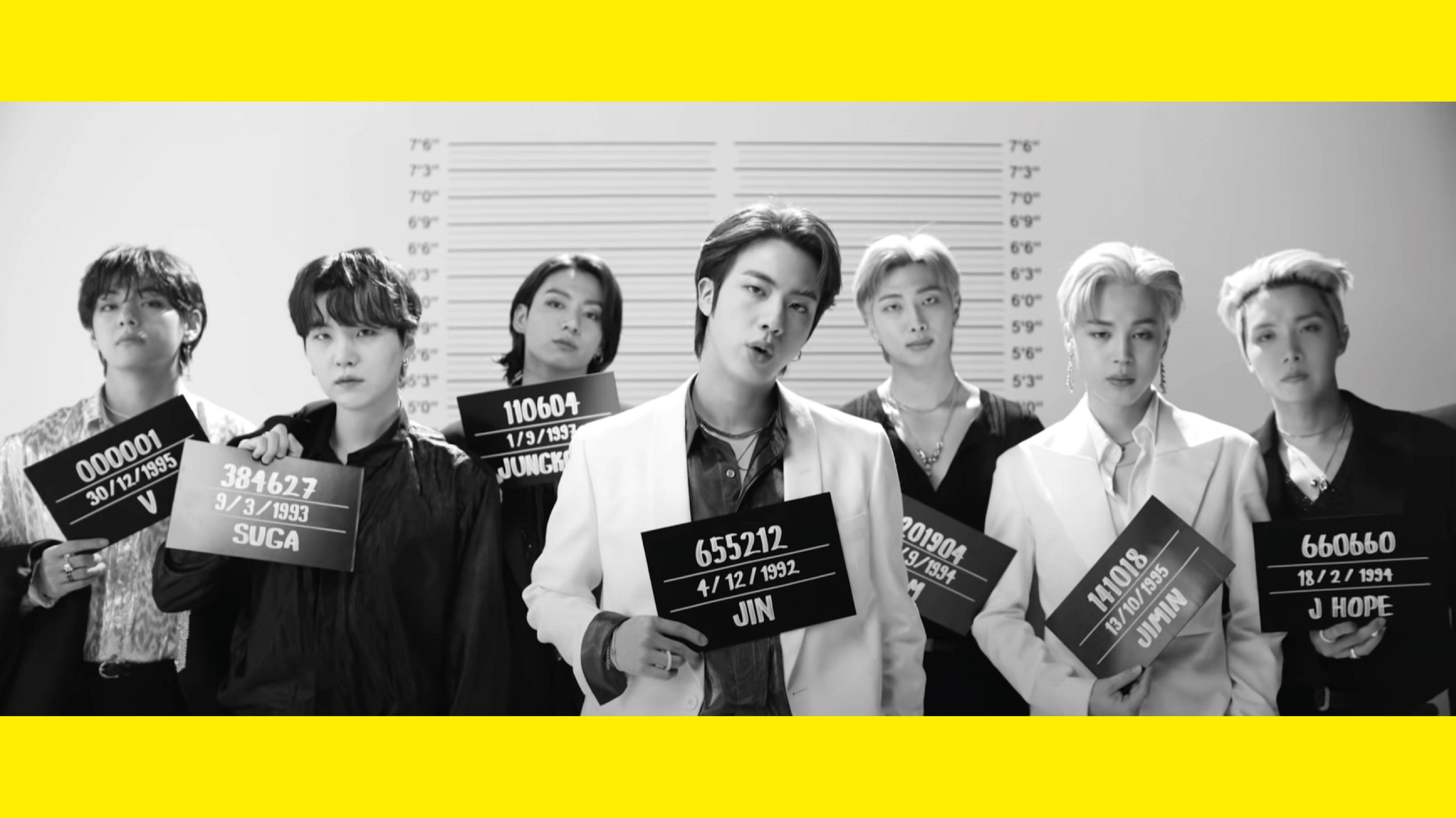 BTS Butter, mugshot-style lineup, height charts, 5K Desktop Wallpaper