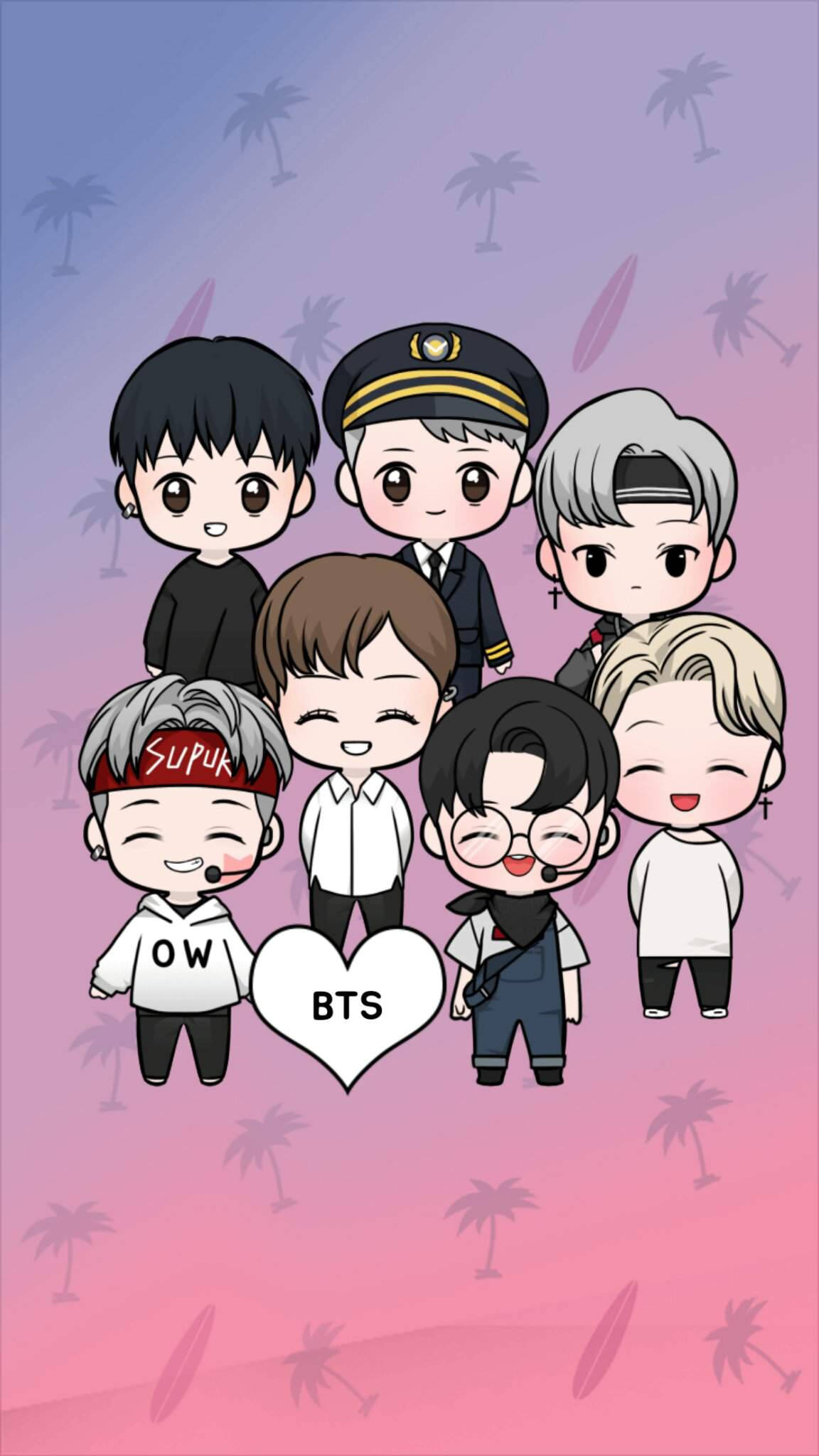 BTS, chibi, pink purple gradient sky, Full HD Phone Wallpaper