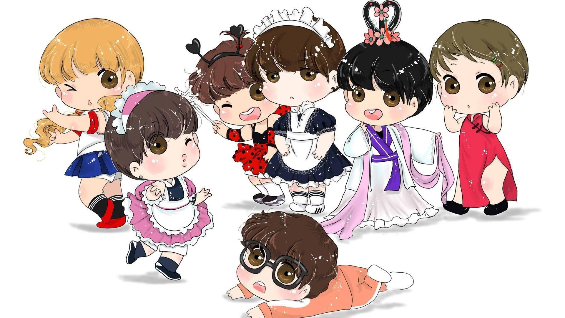 BTS, chibi, anime characters, Full HD Desktop Wallpaper