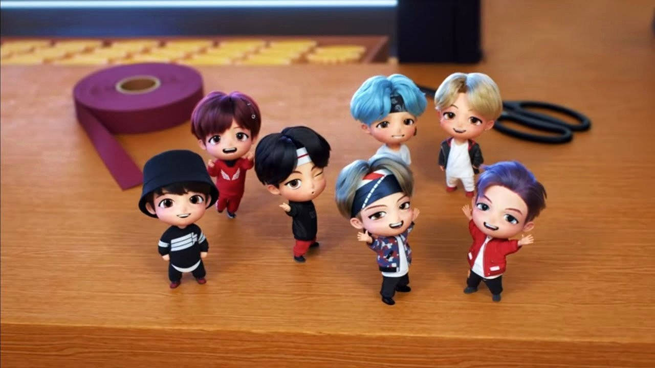 BTS, chibi-style, wooden desk, HD Desktop Wallpaper