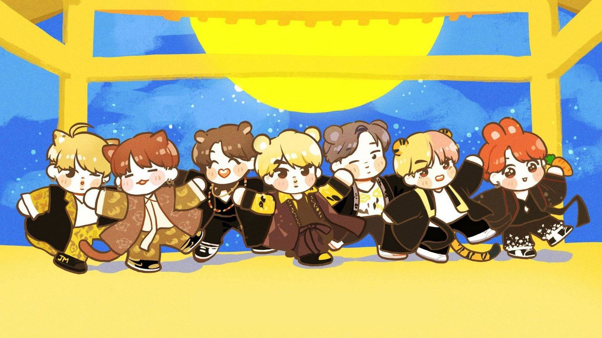 BTS, chibi anime characters, traditional outfits, Full HD Desktop Wallpaper