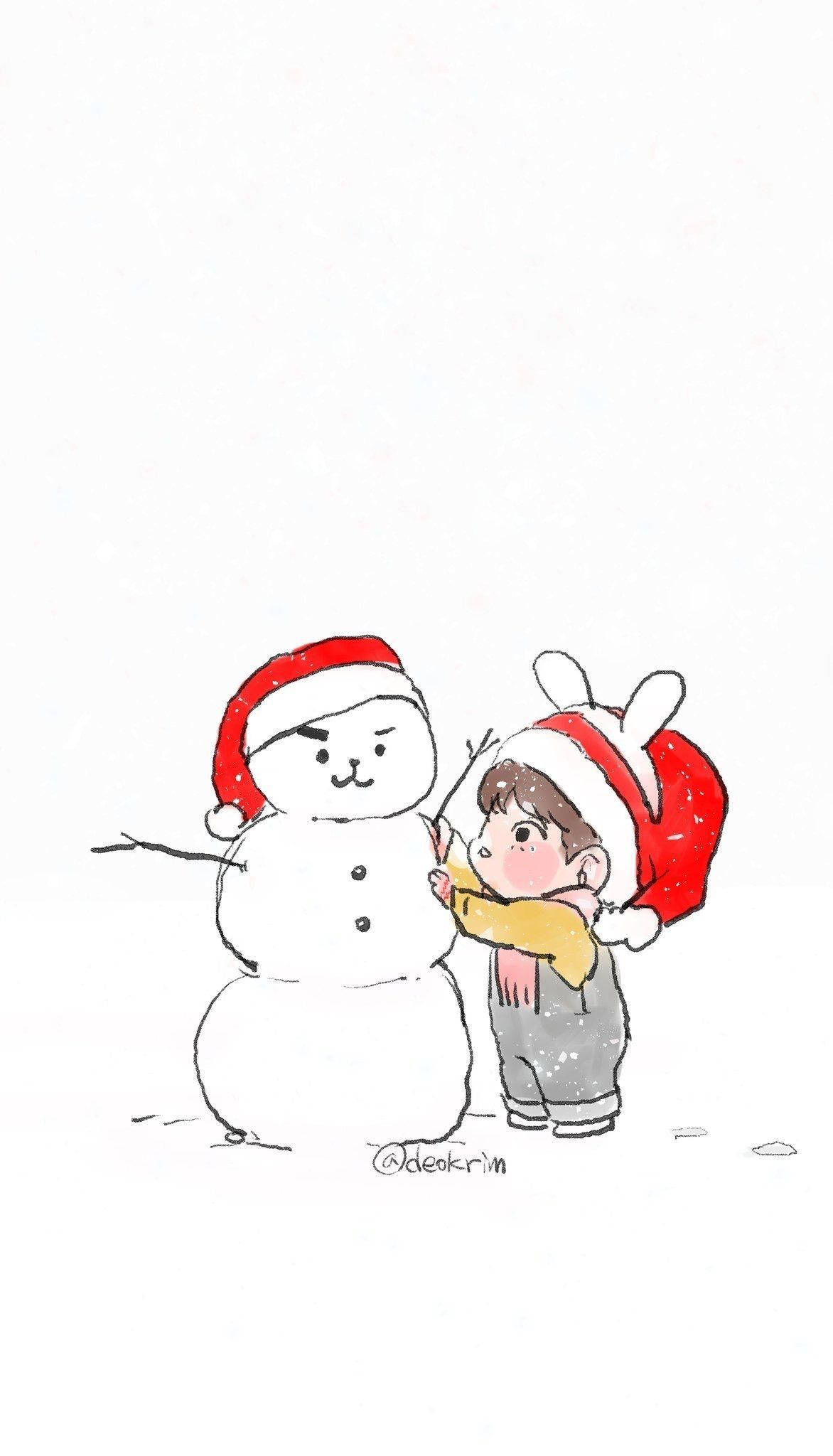 BTS Cartoon, snowman, red Santa hat, Full HD Phone Wallpaper