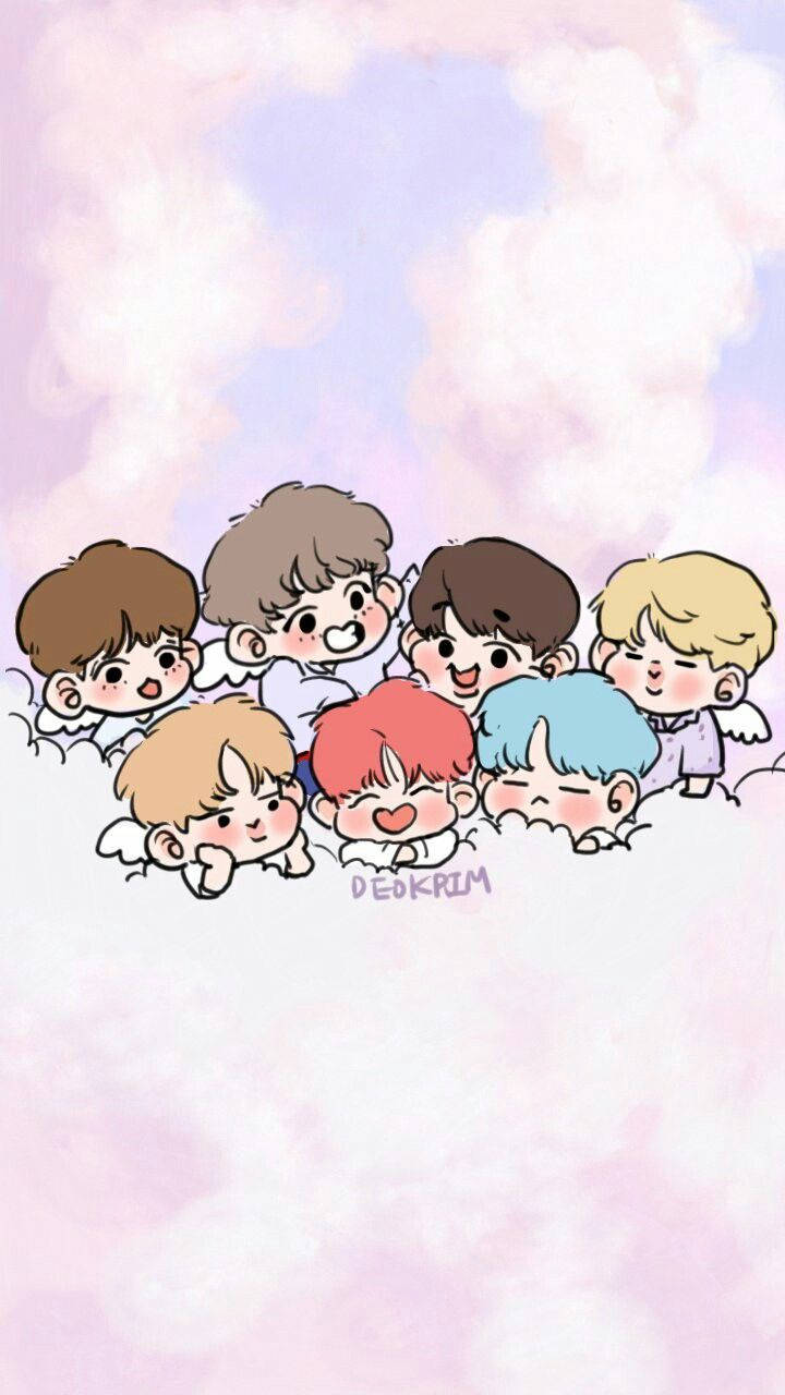 BTS Cartoon, chibi-style boys, colorful hair, HD Phone Wallpaper