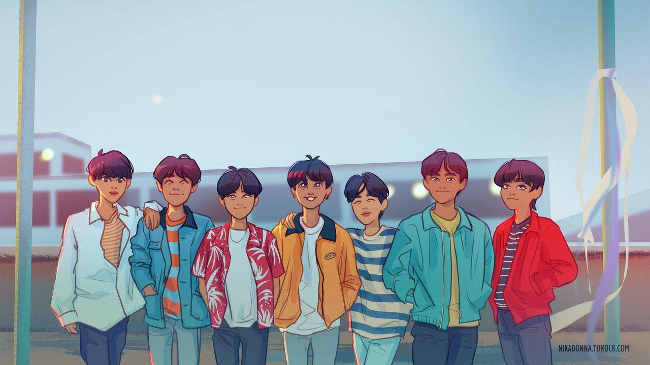 BTS, anime-style, colorful jackets, HD Desktop Wallpaper