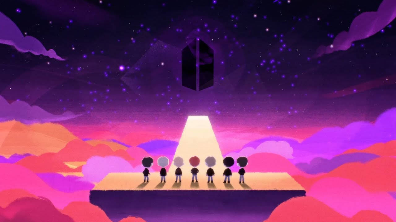 BTS Chibi, glowing platform, starry purple sky, HD Desktop Wallpaper