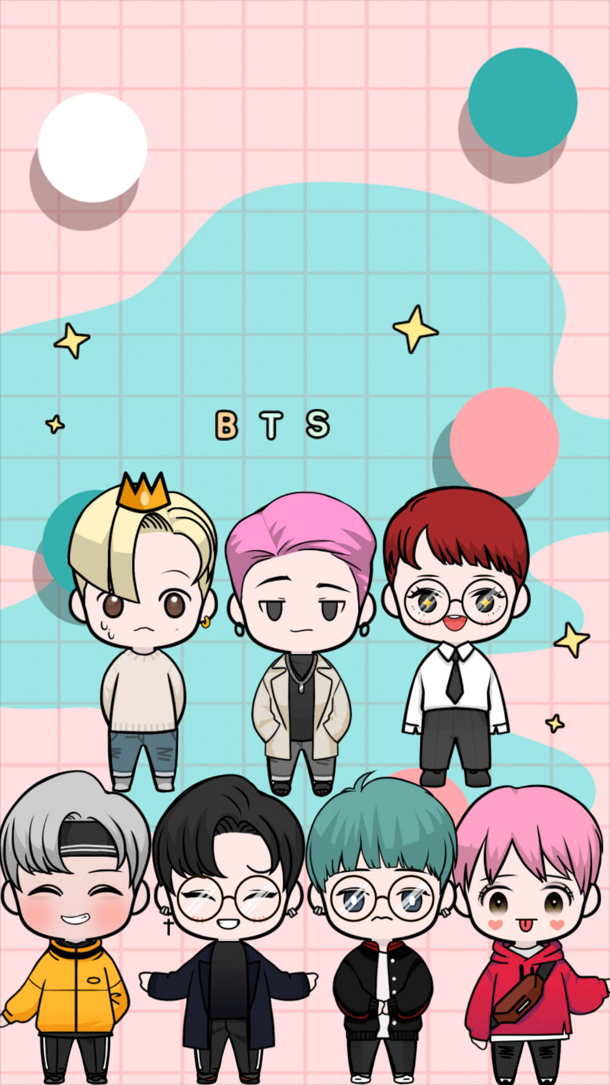 BTS Chibi, chibi-style, pastel grid background, Full HD Phone Wallpaper