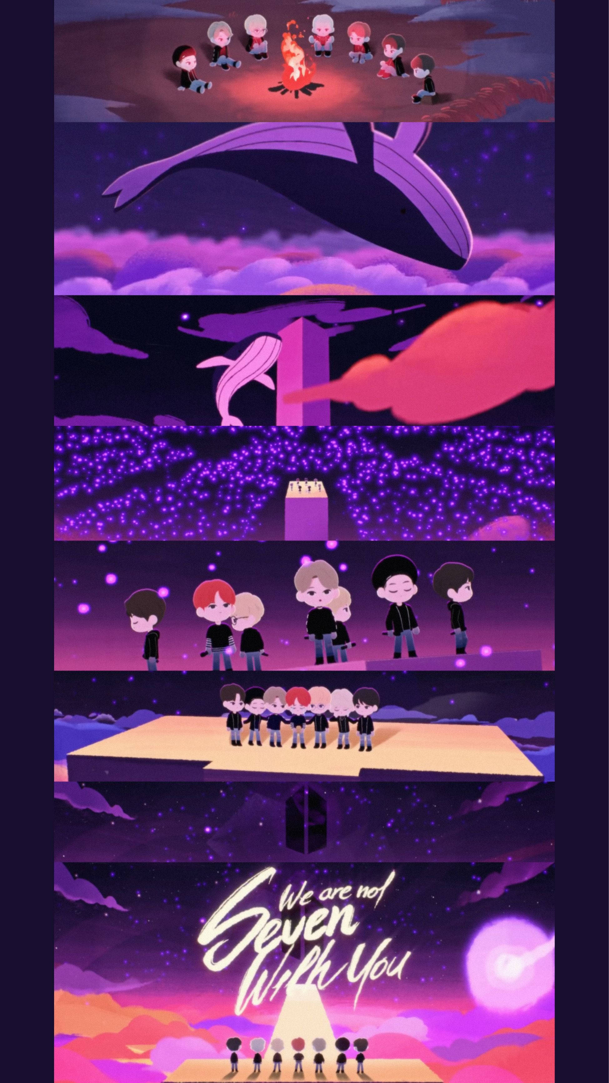 BTS Chibi, campfire, whale-shaped sky, 2K Phone Wallpaper