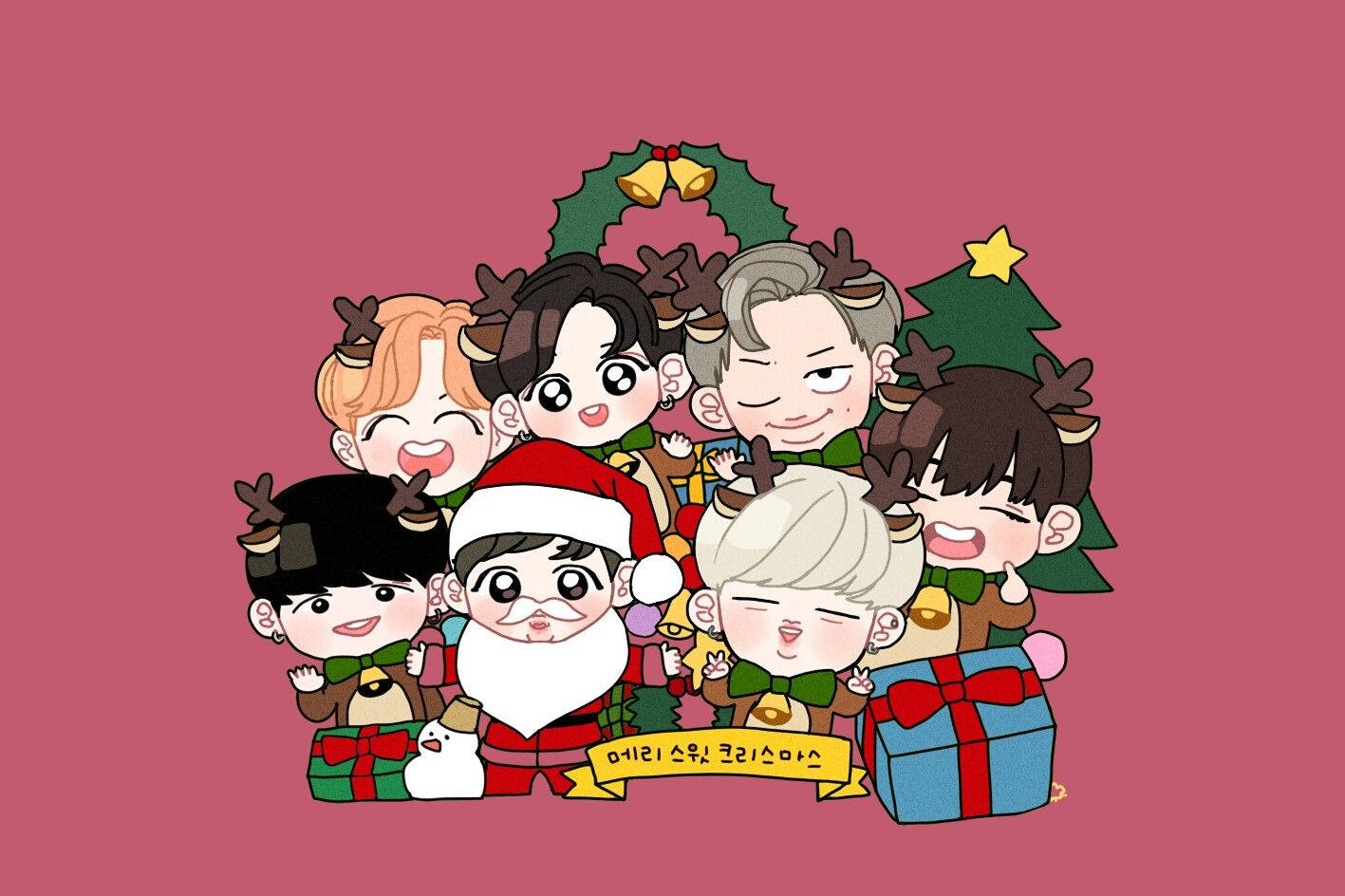 BTS Chibi, reindeer antlers, Santa Claus figure, HD Desktop Wallpaper