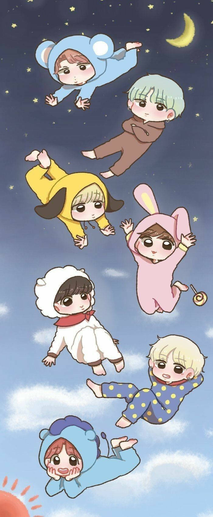 BTS Chibi, starry night sky, crescent moon, HD Phone Wallpaper