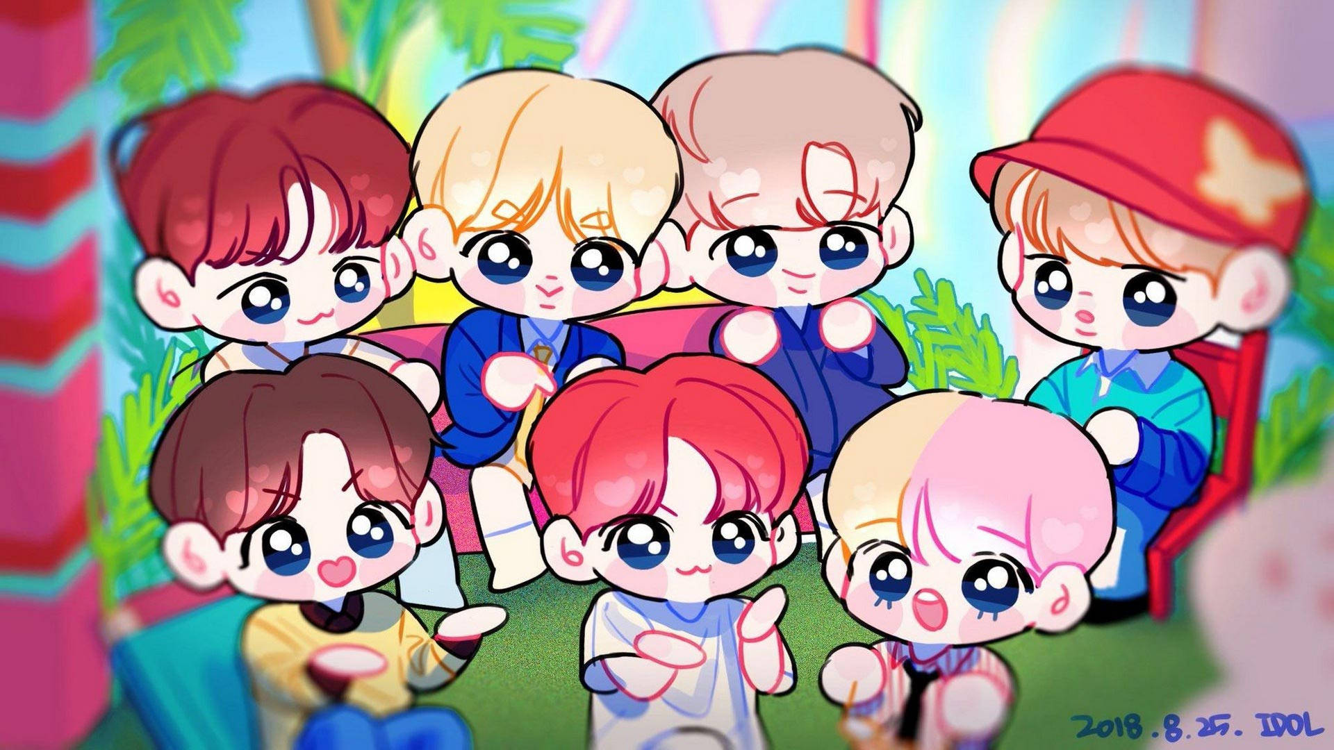 BTS Chibi, chibi-style anime idols, oversized eyes, Full HD Desktop Wallpaper