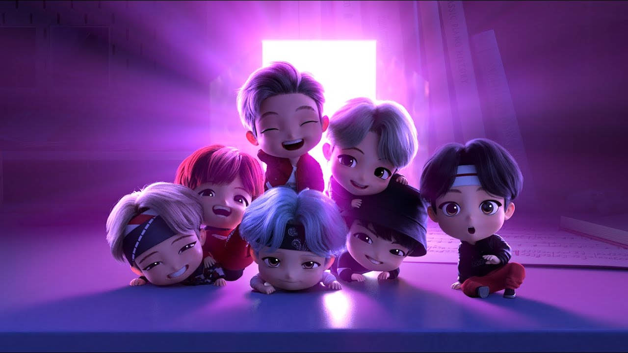 BTS Chibi, 3D Pile, glowing purple doorway, HD Desktop Wallpaper