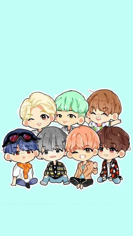 BTS Chibi, Seven chibi anime boys, colorful hair, SD Phone Wallpaper