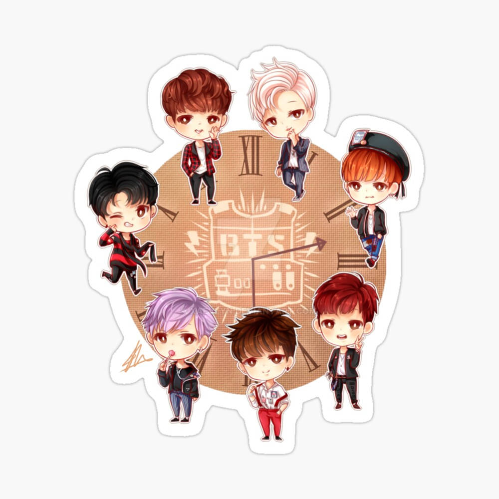 BTS Chibi, clock face, Roman numerals, SD Desktop Wallpaper