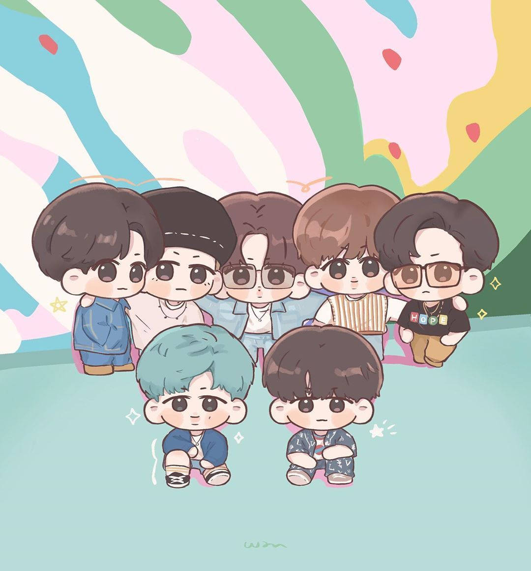 BTS Chibi, pastel swirl background, floating hearts, SD Phone Wallpaper