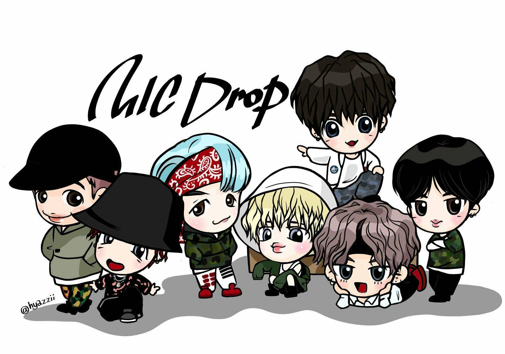 BTS Chibi, chibi-style cartoon illustration, seven K-pop idols, HD Desktop Wallpaper