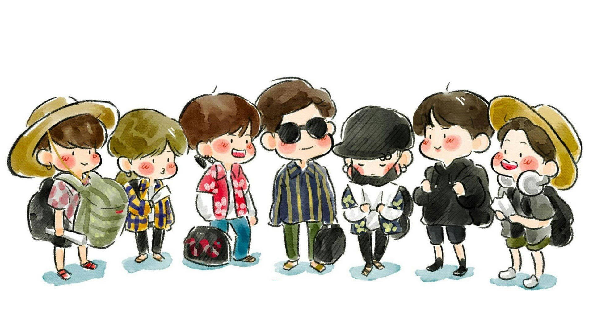 BTS Chibi, anime-style, backpacks, Full HD Desktop Wallpaper