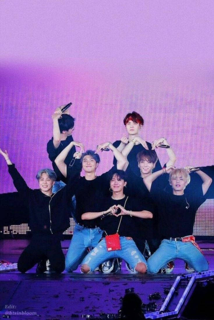 BTS Concert, Seven male K-pop idols, vibrant purple lighting, SD Phone Wallpaper