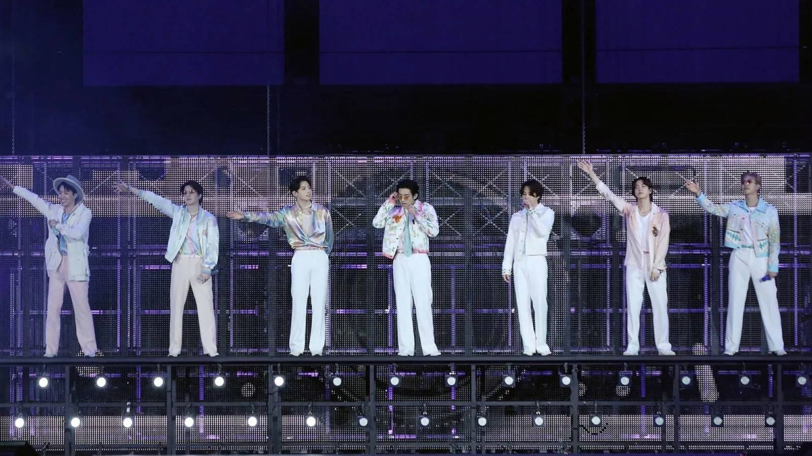 BTS, pastel suits, brightly lit stage, HD Desktop Wallpaper