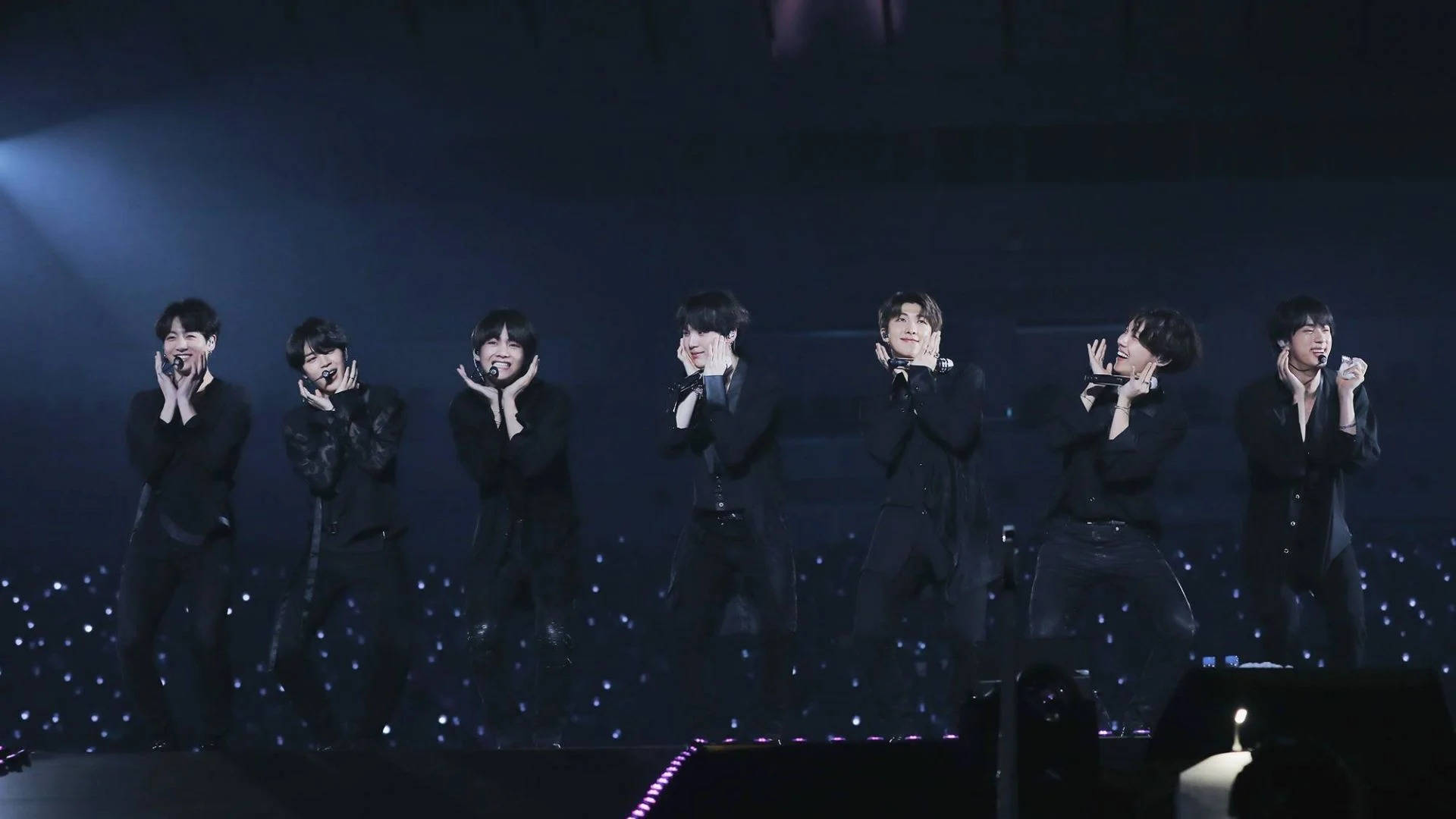 BTS Concert, black suits, blue stage lights, Full HD Desktop Wallpaper
