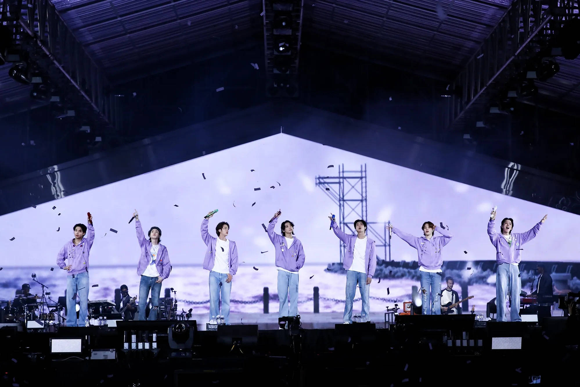 BTS, purple jackets, concert stage, Full HD Desktop Wallpaper