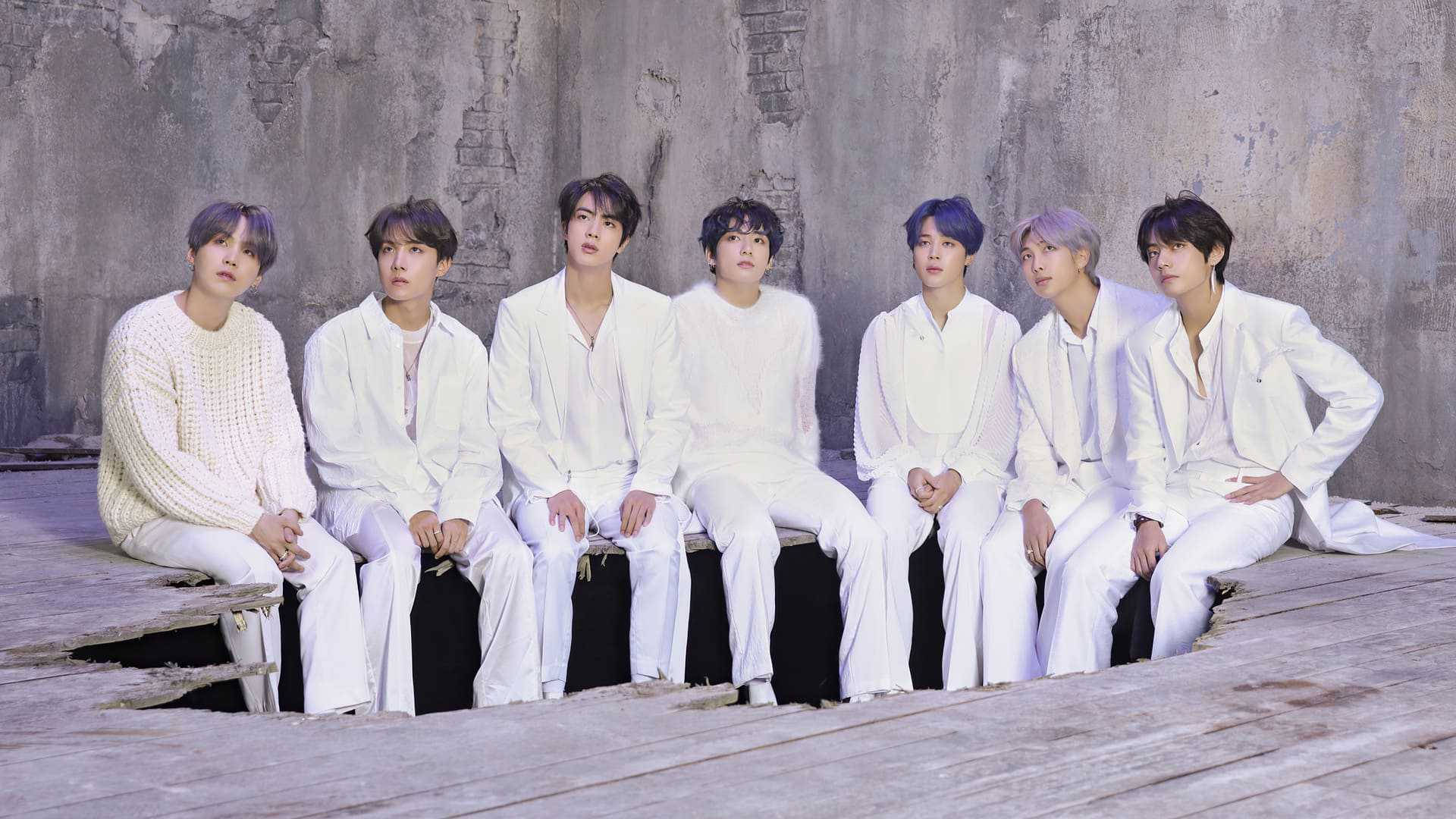 Bts Cute Aesthetic, white outfits, wooden platform, Full HD Desktop Wallpaper
