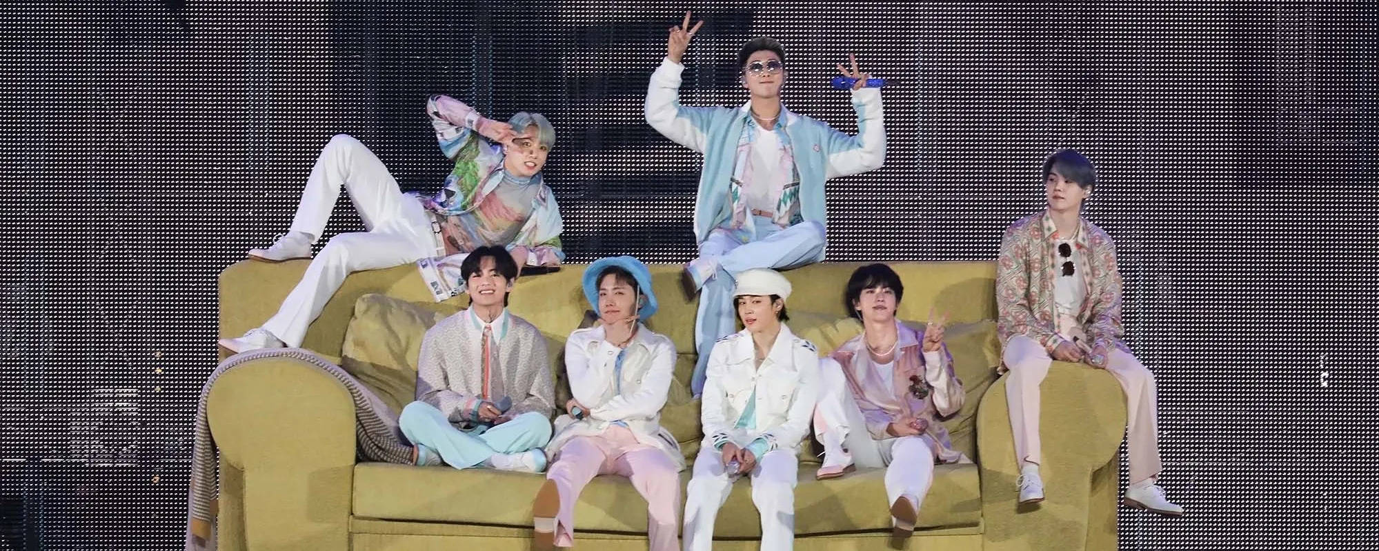 BTS, yellow couch, dark pixelated stage backdrop, Full HD Desktop Wallpaper