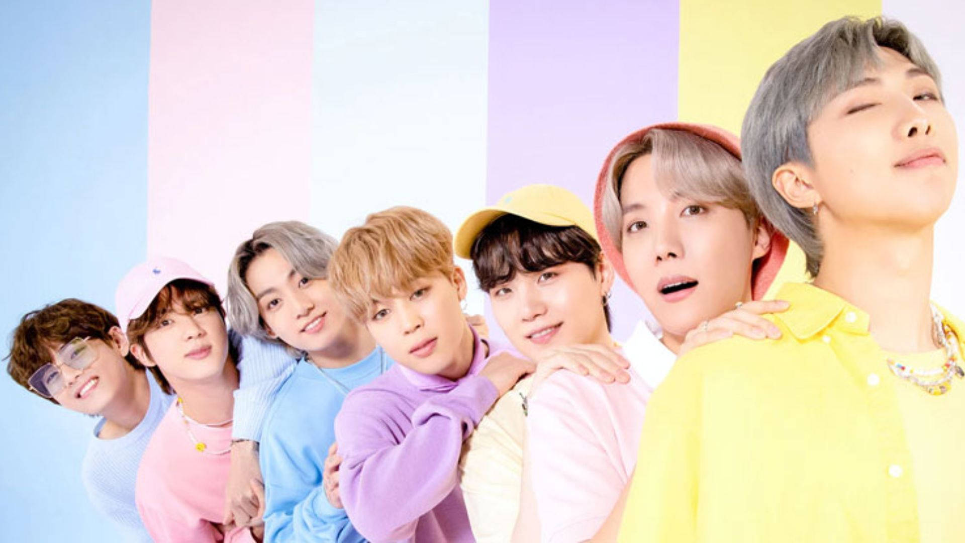pastel-colored outfits, vibrant striped background, Seven young men, Full HD Desktop Wallpaper