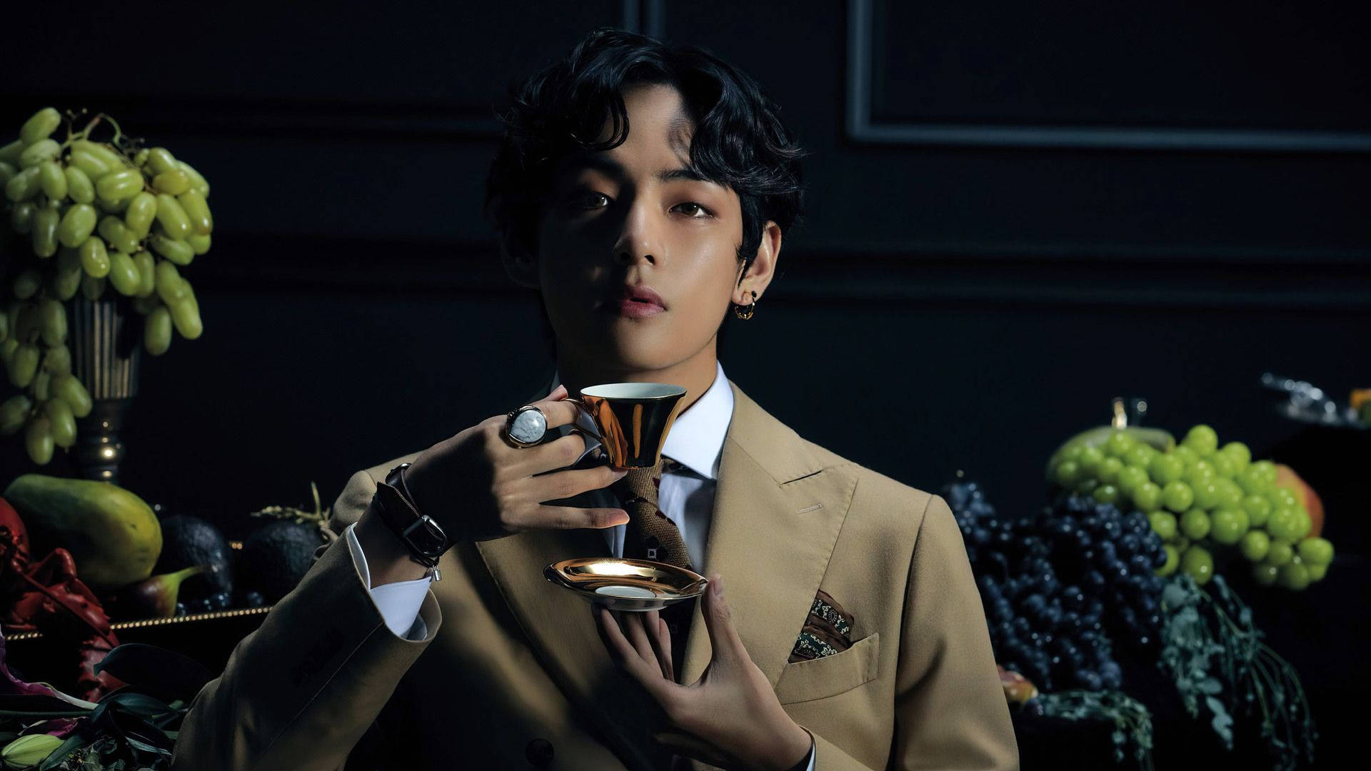 Bts Cute Aesthetic V, tan suit, gold cup, Full HD Desktop Wallpaper