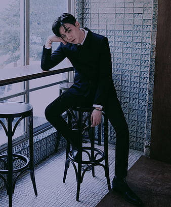 BTS, black suit, barstool, SD Phone Wallpaper