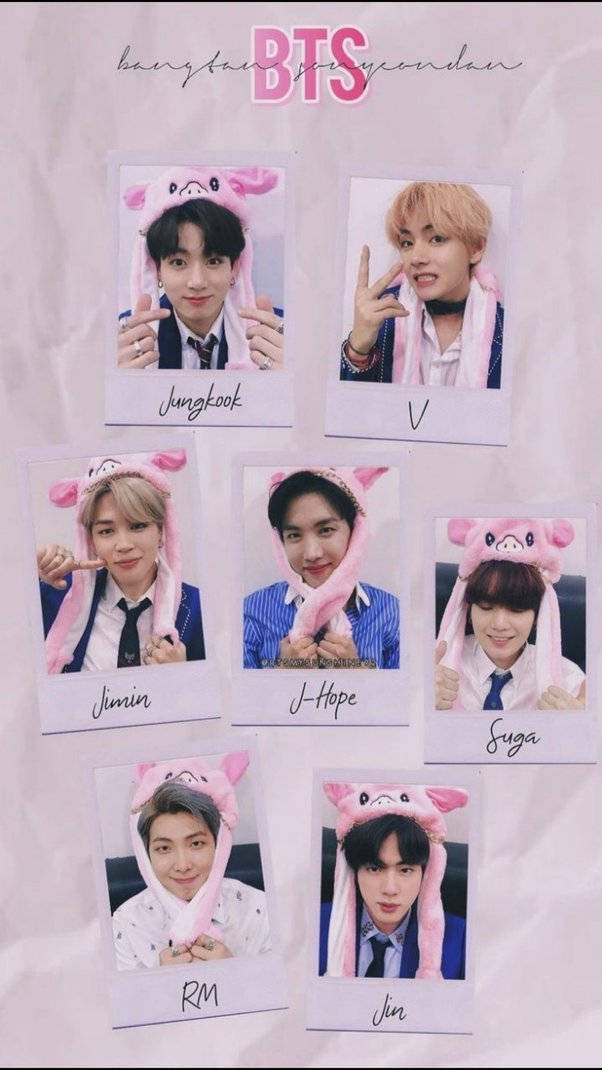 BTS, pink pig-themed hats, Polaroid-style photos, SD Phone Wallpaper