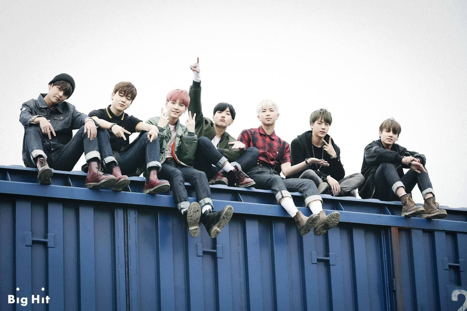 blue shipping container, pale sky, Seven young men, HD Desktop Wallpaper