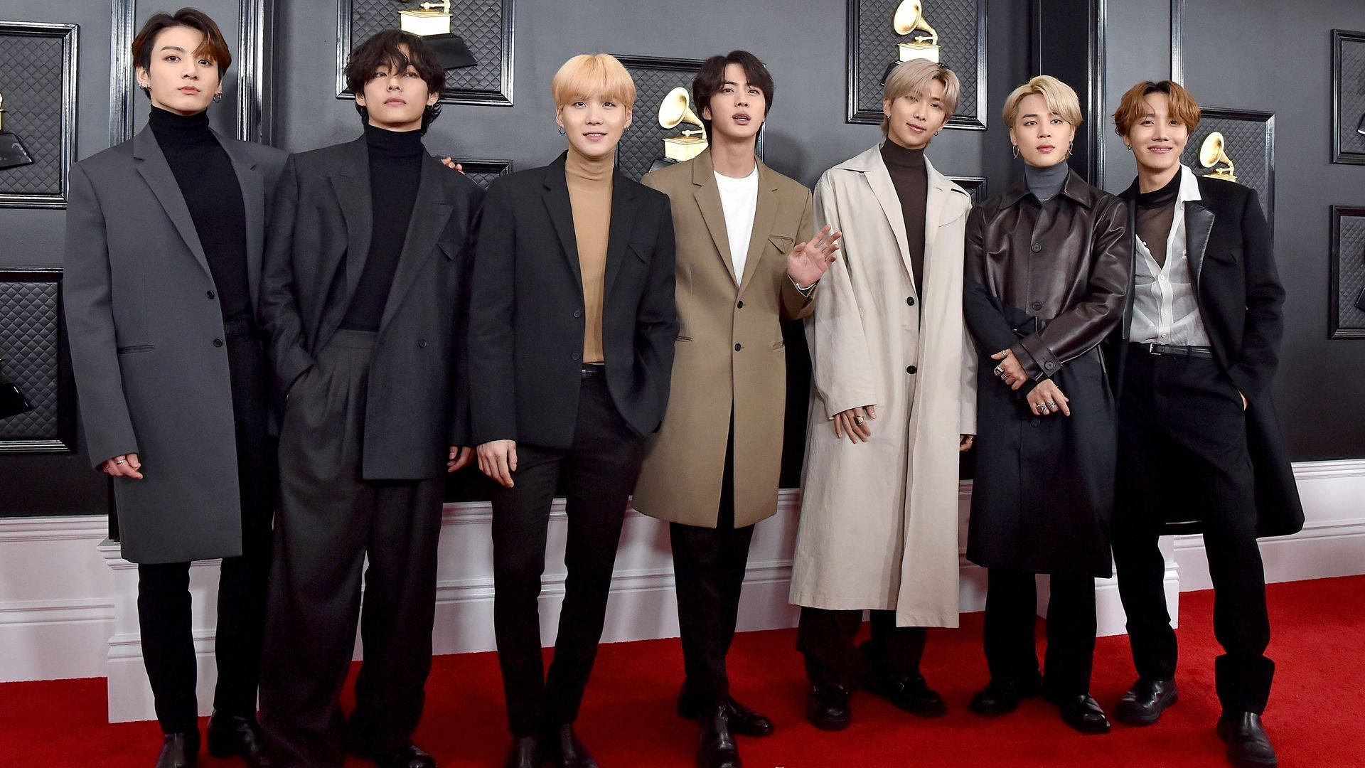 BTS, red carpet, black wall, Full HD Desktop Wallpaper