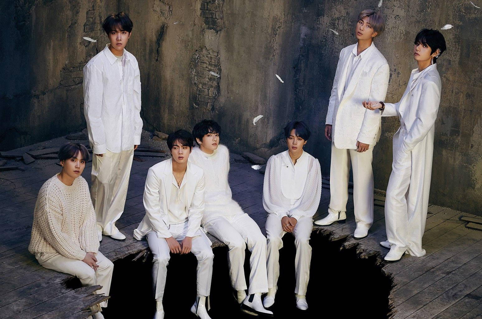 BTS, white outfits, weathered concrete wall, HD Desktop Wallpaper