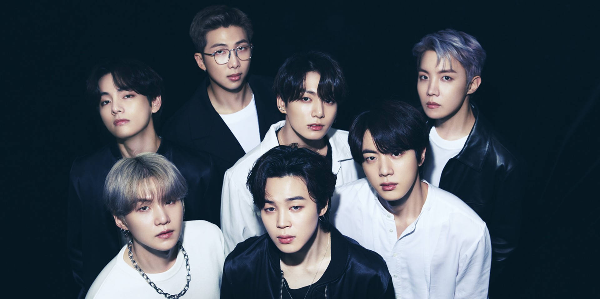 BTS, black background, dark and white outfits, Full HD Desktop Wallpaper