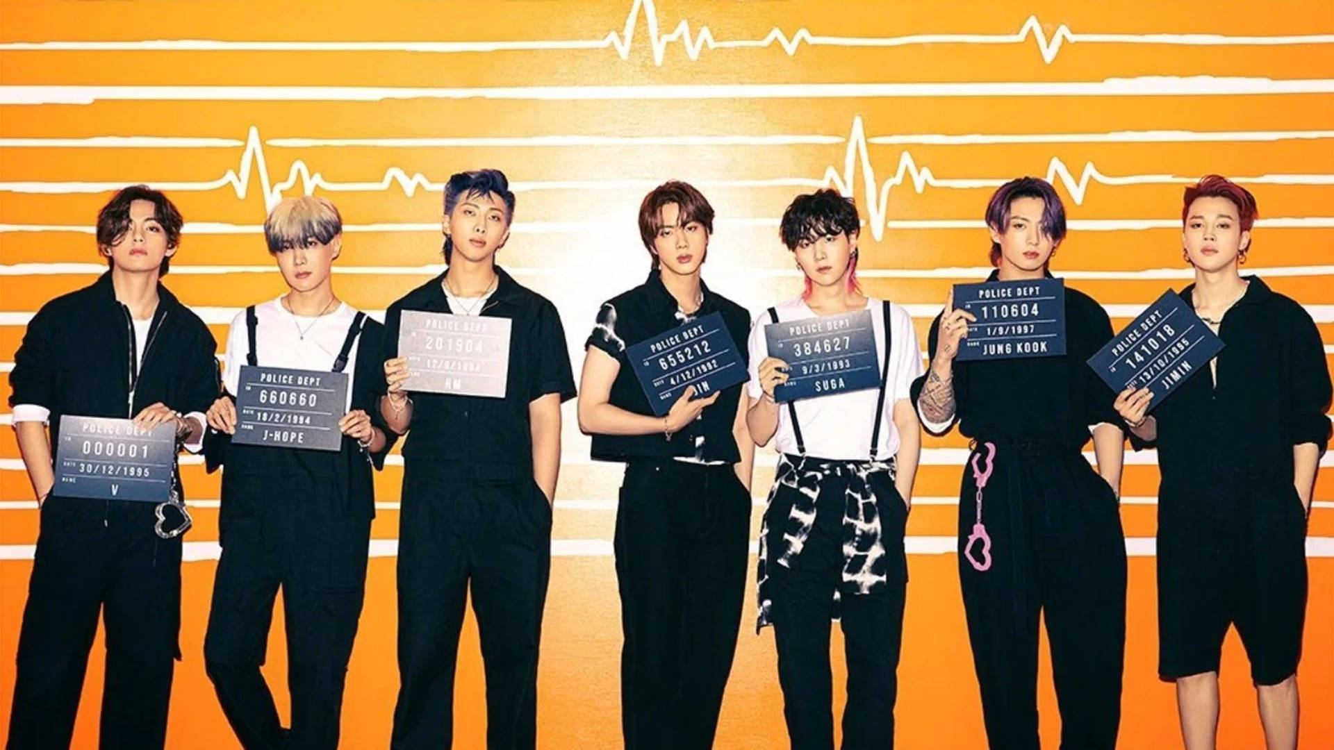 BTS, mugshot line-up, black outfits, Full HD Desktop Wallpaper