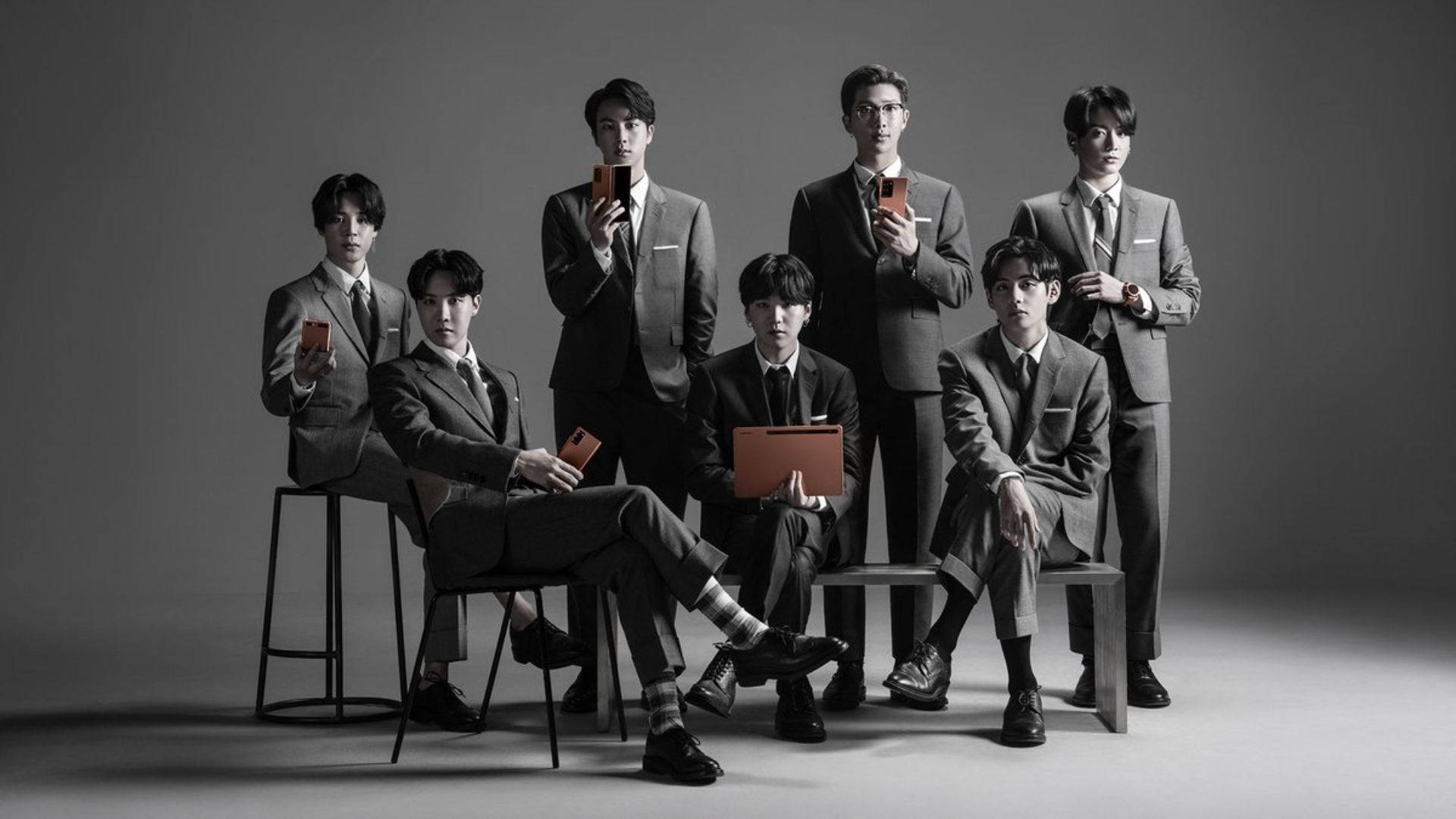 BTS, orange phones, minimalist gray studio backdrop, Full HD Desktop Wallpaper