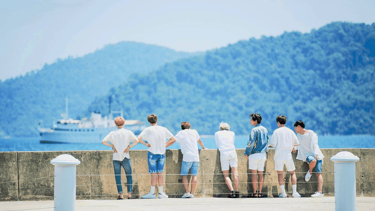 BTS Desktop, sea gazing, white outfits, HD Desktop Wallpaper