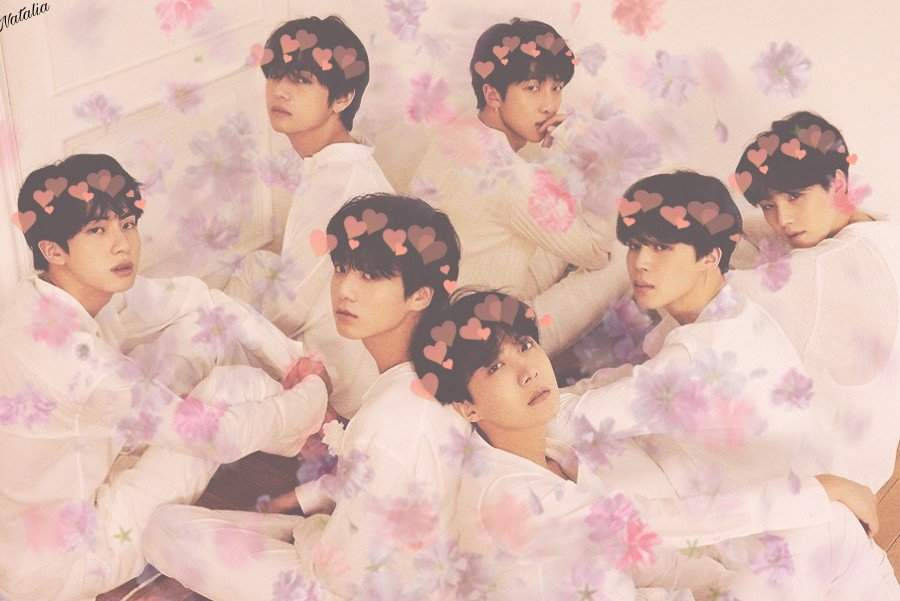 BTS, white outfits, floating pink and purple floral hearts, SD Desktop Wallpaper