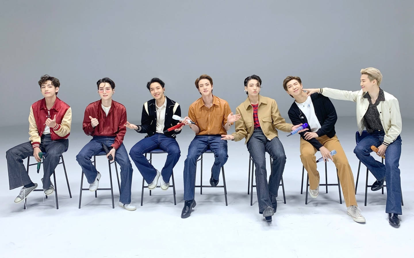 BTS, stool chairs, colorful jackets, HD Desktop Wallpaper