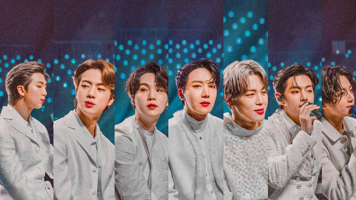 BTS, split screen, light gray outfits, SD Desktop Wallpaper