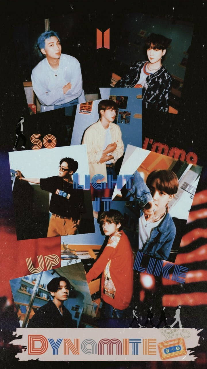 BTS Dynamite, glowing text, retro cassette tape graphics, HD Phone Wallpaper