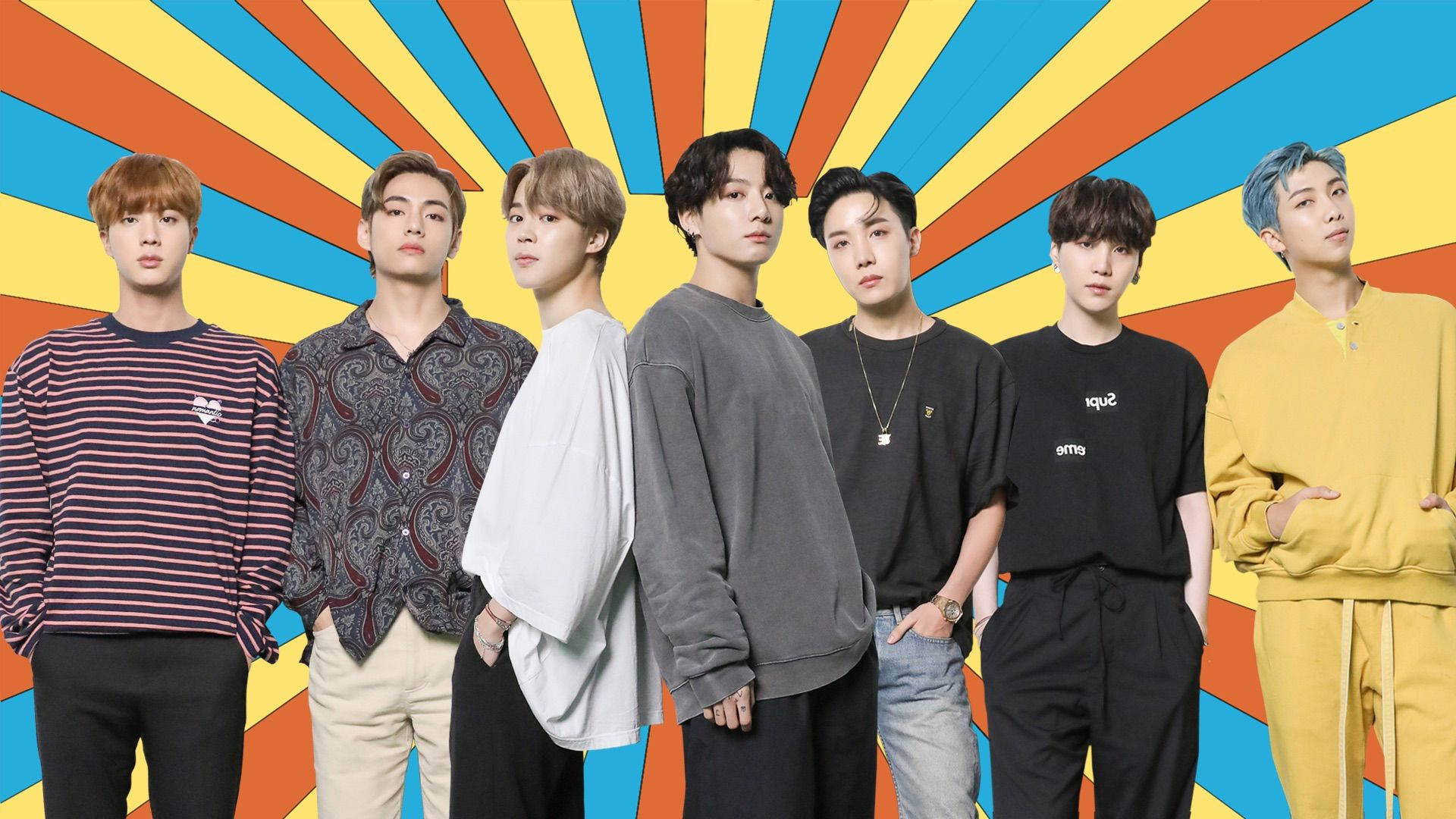 BTS Dynamite, yellow orange, blue rays, Full HD Desktop Wallpaper
